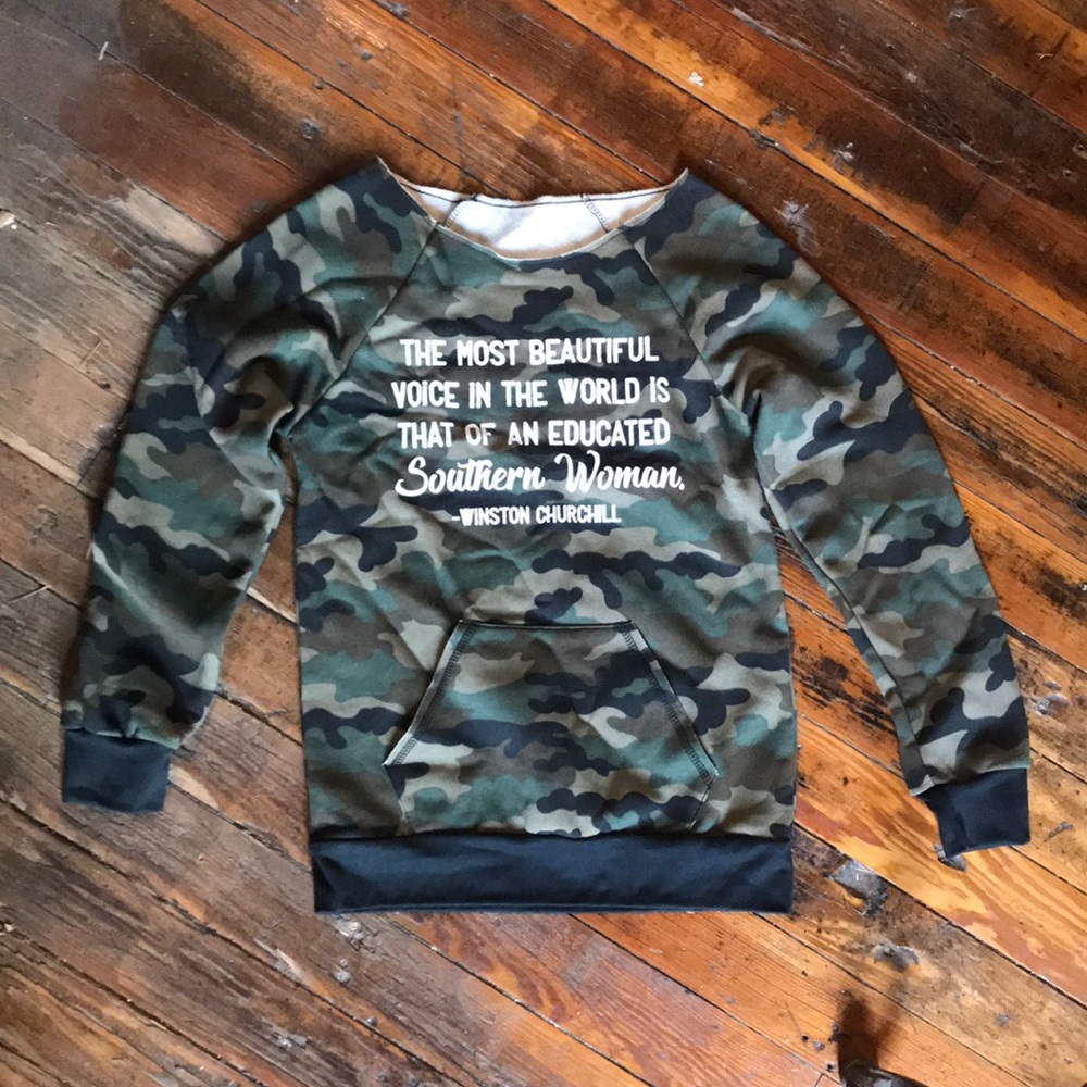 Southern Woman Imprinted Raglan Camo Top